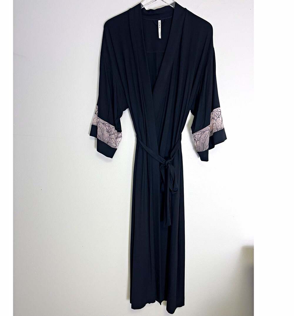 Soma Black Wrap Robe Belted Tie V Neck Floral Mesh Trim 3/4 Sleeve S/M